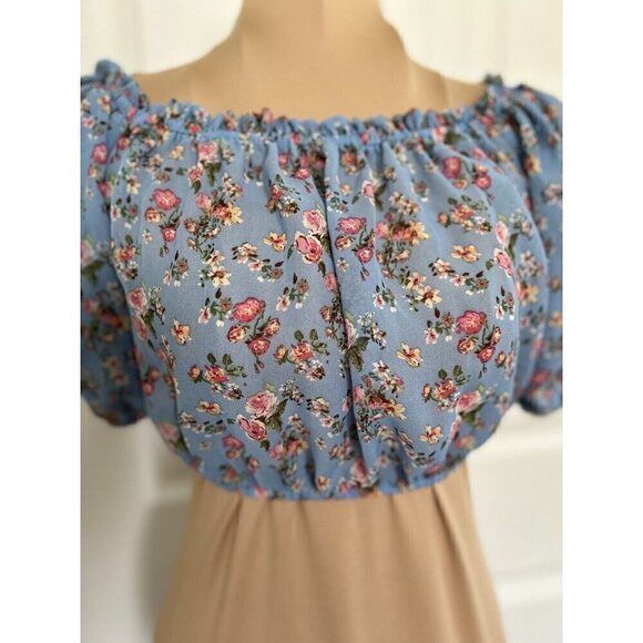 AVA + ESME  Short Puff Sleeve Blue/Pink Floral Chiffon On/Off Shoulder Crop Top - Picture 2 of 8